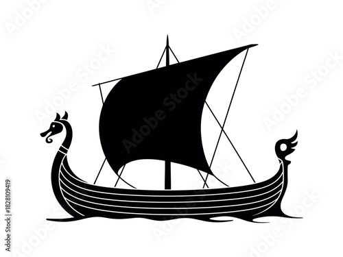 A black silhouette of a Viking longship with a full sail is depicted against a white background.