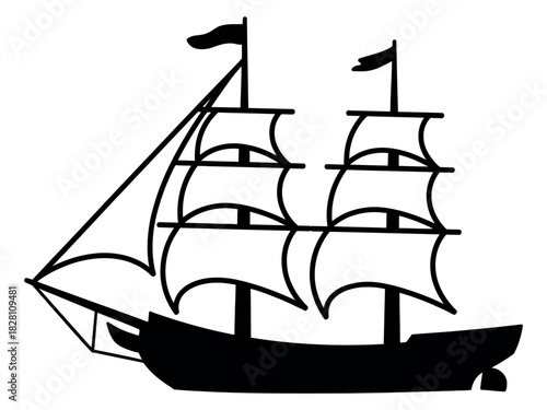 A silhouette of a tall ship with sails filled with wind.