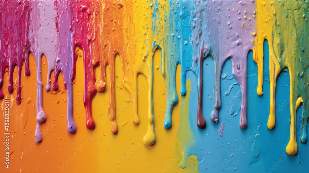 Fototapeta premium A painting of colorful paint drips on a yellow background. The colors are bright and vibrant, creating a sense of energy and excitement