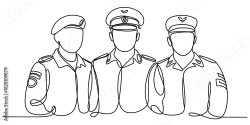 Continuous line drawing of three uniformed figures, including military officers and a beret-wearing soldier, representing defense and authority on white. Vector, illustration