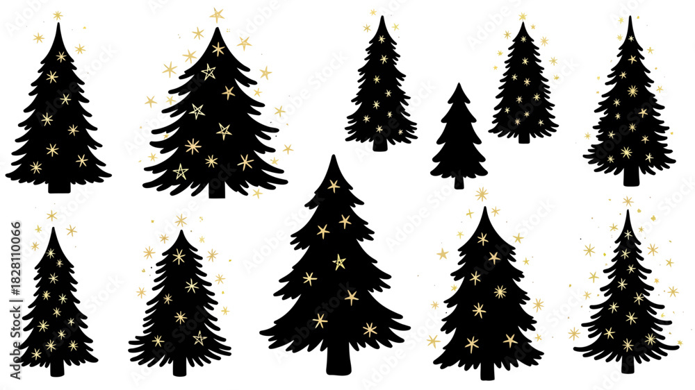 Obraz premium Collection of black christmas tree silhouettes with star decorations on white