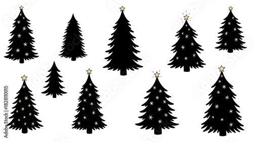 Collection of christmas tree silhouettes with star toppers for holiday designs