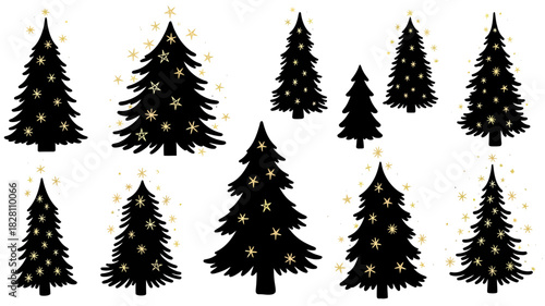 Collection of black christmas tree silhouettes with star decorations on white
