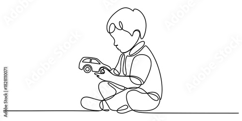 Minimalist continuous line drawing of a young child playing with a toy car, capturing innocent childhood imagination and simple joy. Vector, illustration
