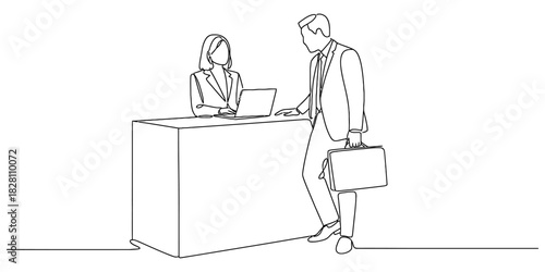 Continuous line art of a business woman with laptop at counter and businessman with brief, showing office interaction. Vector, illustration