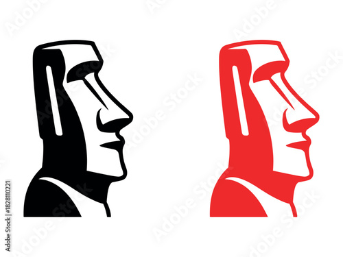 Two stylized moai statues, one black and one red, face left on a white background.