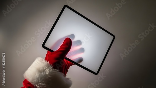 Santa claus holding a tablet with a frosted screen in a festive red and white glove against a neutral background for holiday promotions