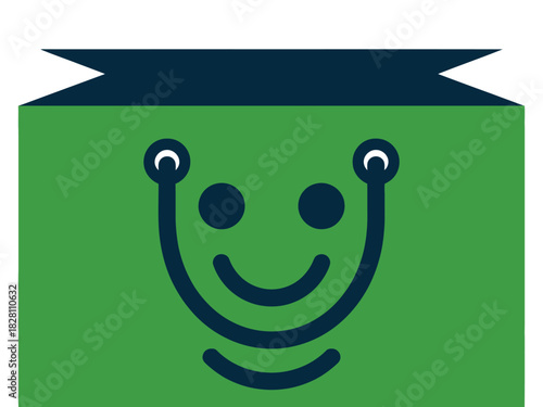 A green shopping bag with a dark blue handle and a smiley face made of dark blue lines