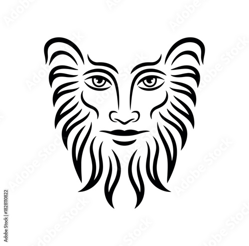 Tribal mask artwork depicts a stylized human face with intricate patterns and a beard.