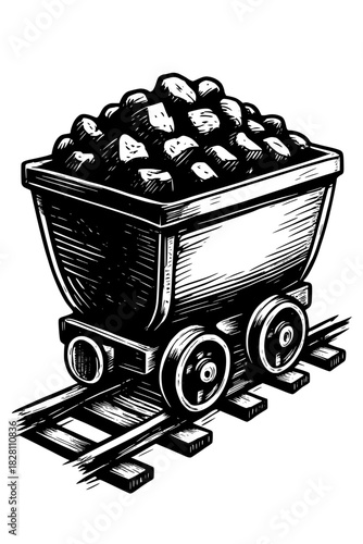 A detailed black-and-white illustration of an industrial coal mining cart, heavily loaded with raw coal, mounted on sturdy metal wheels designed for rugged underground transportation