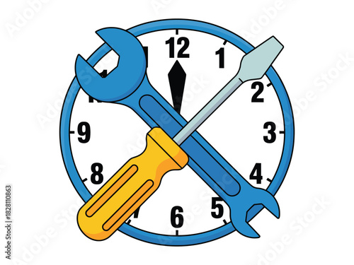 Illustration of a clock with a wrench and a screwdriver crossed over the clock face