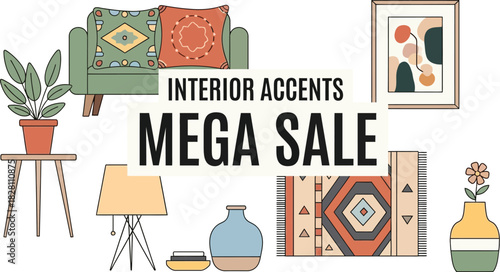 Interior accents mega sale advertisement with furniture and decorations