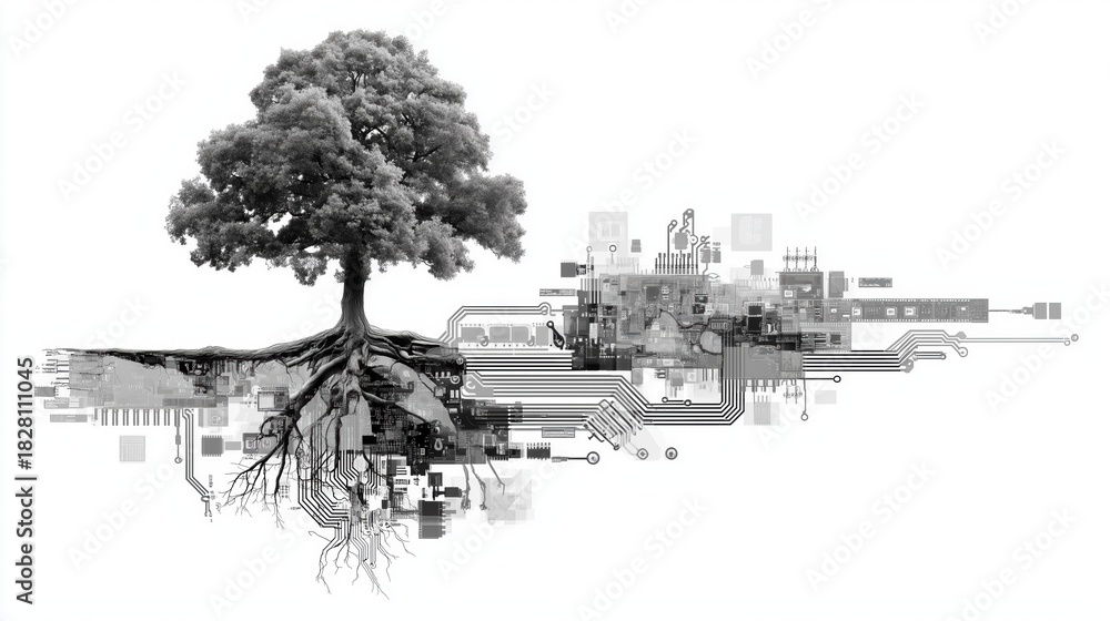 Fototapeta premium Monochrome tree with roots transforming into digital circuit board patterns illustrating technology evolution.