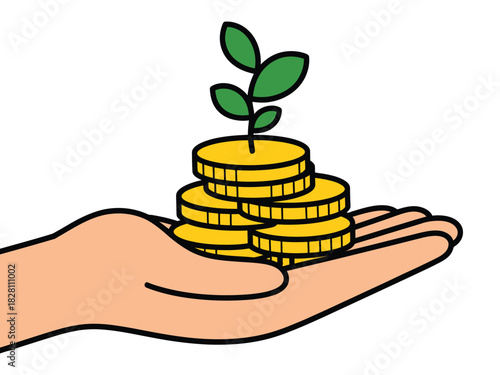 A hand holding a stack of gold coins with a small green plant growing out of the top