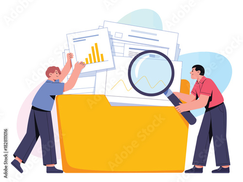 Two people analyzing documents and charts from a yellow folder with a magnifying glass