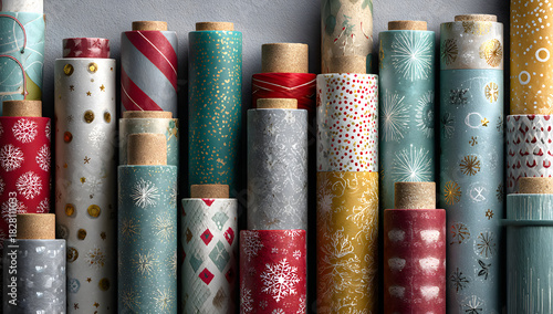 Festive wrapping paper rolls arranged from above, ideal backdrop for holiday design and layout
