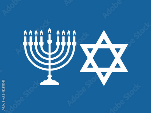 White menorah with lit candles and star of david on a solid blue background image