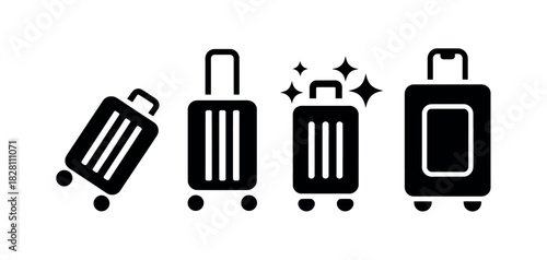 A set of four different rolling luggage icons representing travel options and styles.
