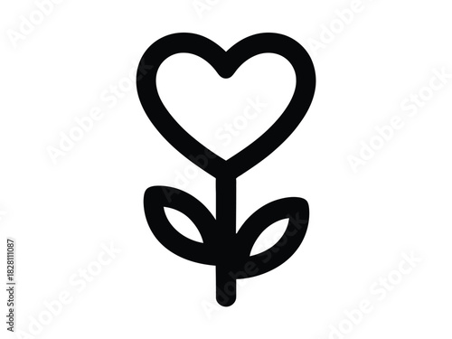A simple black outline drawing of a heart shaped flower with two leaves on a white background