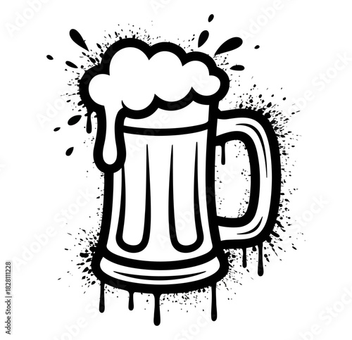 A black and white illustration of a beer mug with splashing foam and dripping liquid.