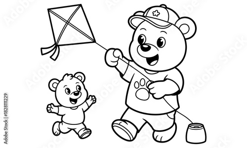 Two happy cartoon bears flying a kite in a field, a child bear runs joyfully nearby.
