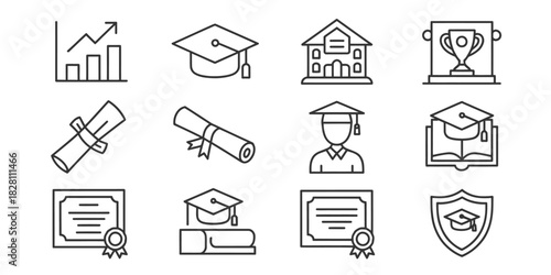 A collection of educational icons representing graduation, learning, and academic achievement.