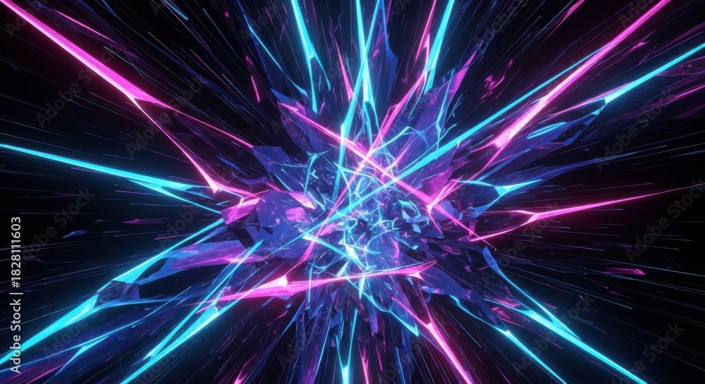 Naklejka premium Vibrant neon explosion of geometric shards and energetic lights.