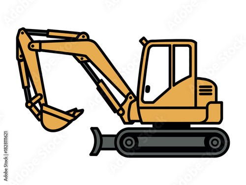 A yellow excavator is ready for construction work on a white background.