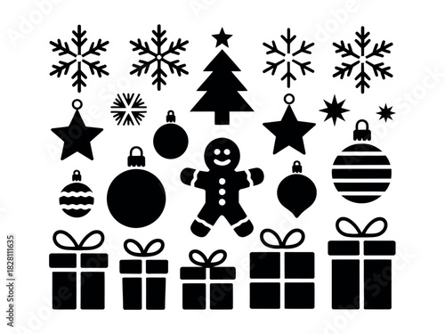 A collection of black Christmas icons including snowflakes, ornaments, presents, and a gingerbread man.