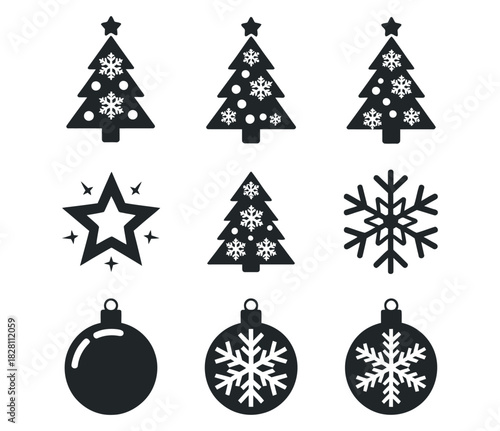 A collection of festive Christmas tree, snowflake, and ornament icons are displayed against a white background.