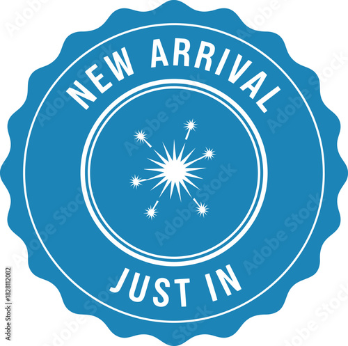 New arrival just in blue badge, perfect for product marketing.