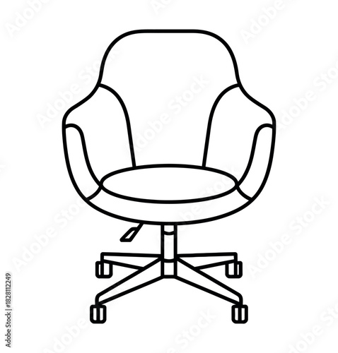 An outline drawing of a modern office chair with wheels and a swivel base.