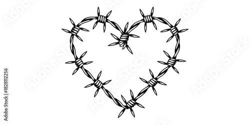 A heart shape constructed from barbed wire on a white background.