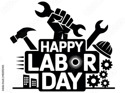 Happy Labor Day with symbols of work and industry.