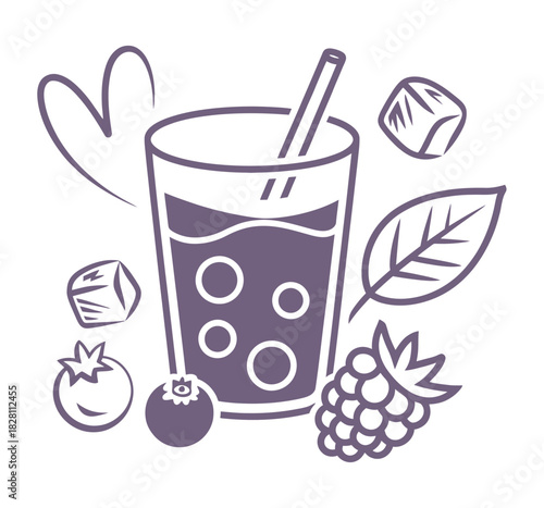A refreshing berry smoothie with ice cubes and a heart shape illustration