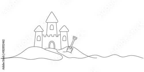 A simple line drawing depicts a sandcastle with a shovel on a sandy mound.