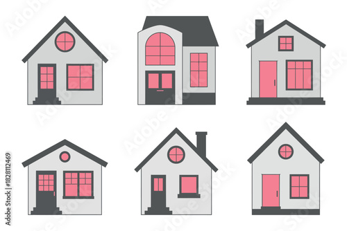 A collection of six diverse illustrated houses with pink window accents is presented.