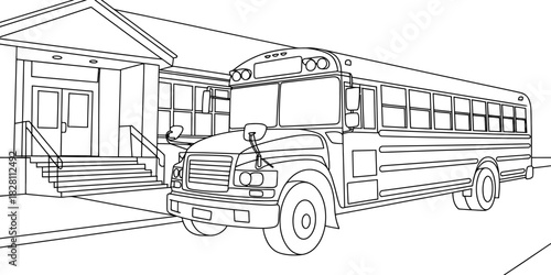 A school bus is parked in front of a school building.