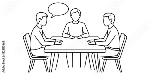 Three people sit around a table, one person has a speech bubble above their head.