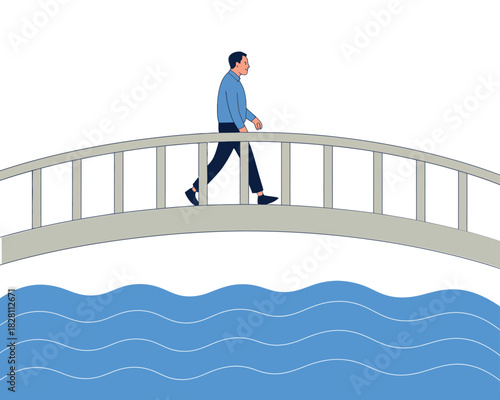 A man walks across a bridge over flowing water.