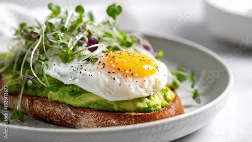 Avocado toast with poached egg and microgreens on a white plate closeup