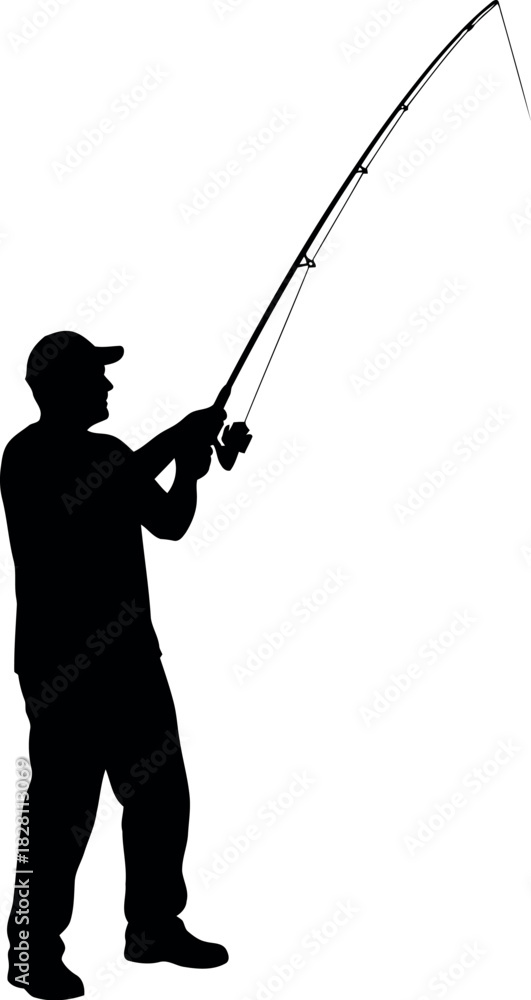 Obraz premium Fisherman casting fishing rod silhouette vector graphic sport