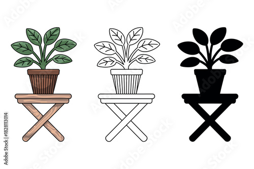 A potted plant is shown in three distinct styles: colored, outline, and silhouette.