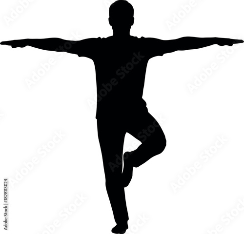 Man silhouette balancing in yoga tree pose with arms outstretched