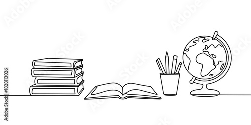A stack of books, an open book, a pencil holder with pens, and a globe are displayed on a white background.