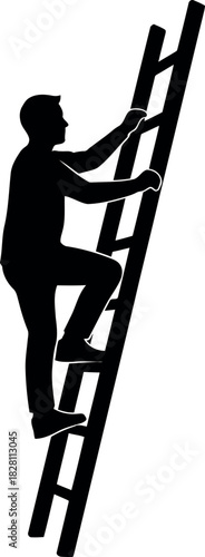 Man climbing ladder silhouette upward, achieving goals, success