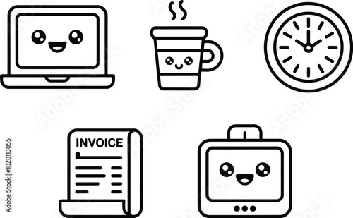 Cute cartoon icons represent a laptop, coffee, clock, invoice, and monitor on a white background.