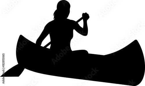 Outdoor adventure: woman paddling a canoe, isolated vector art