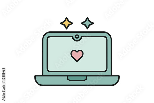 A cartoon laptop displays a heart symbol with sparkling stars above it.
