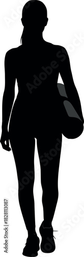 Female silhouette walking with yoga mat, healthy fitness lifestyle